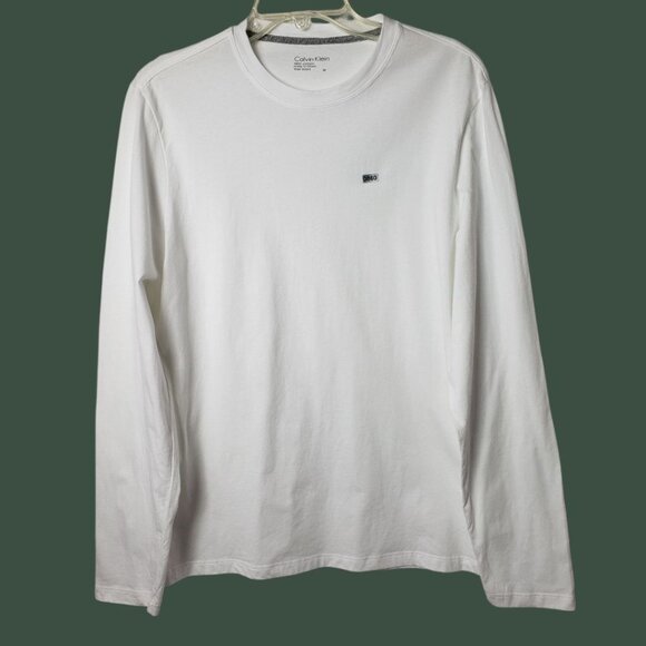 Calvin Klein Long-Sleeve T-Shirt 100% Cotton Round Neck Logo Detail White Medium - Picture 1 of 8